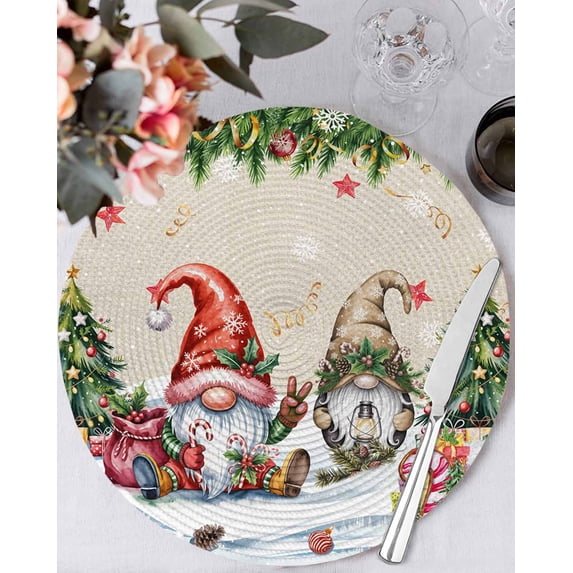 15 Inch Round Placemats Set of 6, Beige Christmas Non Slip Heat Insulation PP Table Mats, Gnomes Xmas Tree Snowflake Gifts Washable Place Mats for Kitchen Dining Party Table Decor