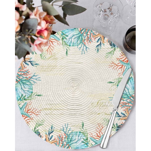 15 Inch Round Placemats Set of 6, Beige Coastal Non Slip Heat Insulation PP Table Mats, Summer Nautical Beach Coral Starfish Washable Place Mats for Kitchen Dining Party Table Decor