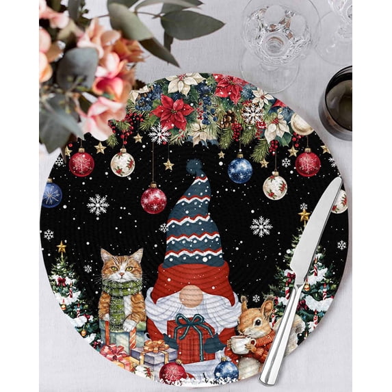15 Inch Round Placemats Set of 6, Black Christmas Non Slip Heat Insulation PP Table Mats, Gnomes Poinsettia Ball Pine Tree Leaves Washable Place Mats for Kitchen Dining Party Table Decor