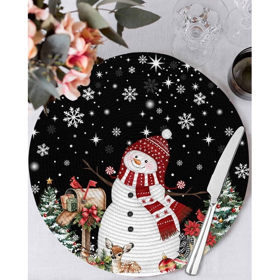 15 Inch Round Placemats Set of 6, Black Christmas Non Slip Heat Insulation PP Table Mats, Snowman Gifts Xmas Tree Snowflake Winter Washable Place Mats for Kitchen Dining Party Table Decor