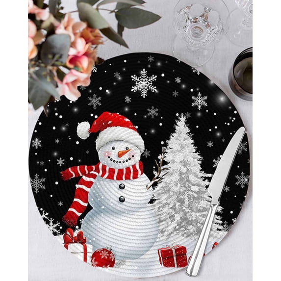 15 Inch Round Placemats Set of 6, Black Christmas Non Slip Heat Insulation PP Table Mats, Snowman Snowflake Gifts Xmas Tree Washable Place Mats for Kitchen Dining Party Table Decor