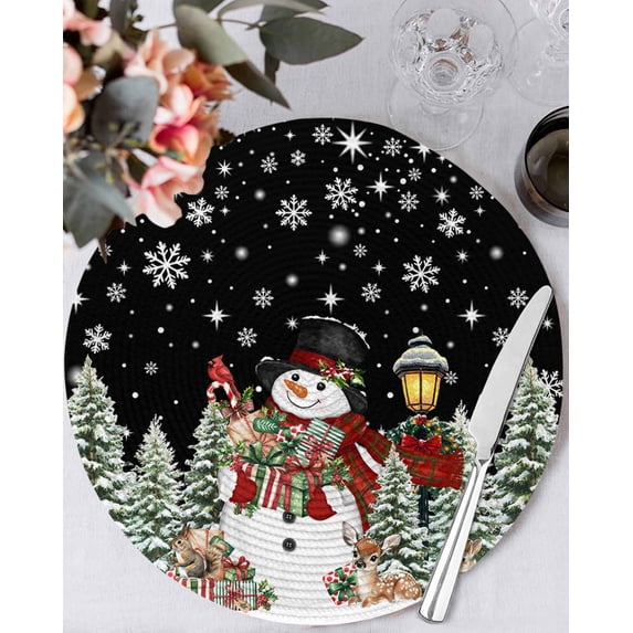 15 Inch Round Placemats Set of 6, Black Christmas Non Slip Heat Insulation PP Table Mats, Snowman Xmas Snowflake Botanical Tree Washable Place Mats for Kitchen Dining Party Table Decor