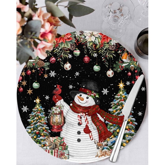 15 Inch Round Placemats Set of 6, Black Christmas Non Slip Heat Insulation PP Table Mats, Snowman Xmas Tree Ball Snowflake Winter Washable Place Mats for Kitchen Dining Party Table Decor