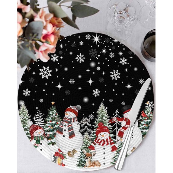 15 Inch Round Placemats Set of 6, Black Christmas Non Slip Heat Insulation PP Table Mats, Snowman Xmas Tree Snowflake Winter Washable Place Mats for Kitchen Dining Party Table Decor