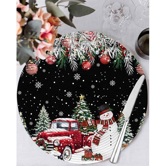 15 Inch Round Placemats Set of 6, Black Christmas Non Slip Heat Insulation PP Table Mats, Snowman Xmas Truck Balls Tree Washable Place Mats for Kitchen Dining Party Table Decor