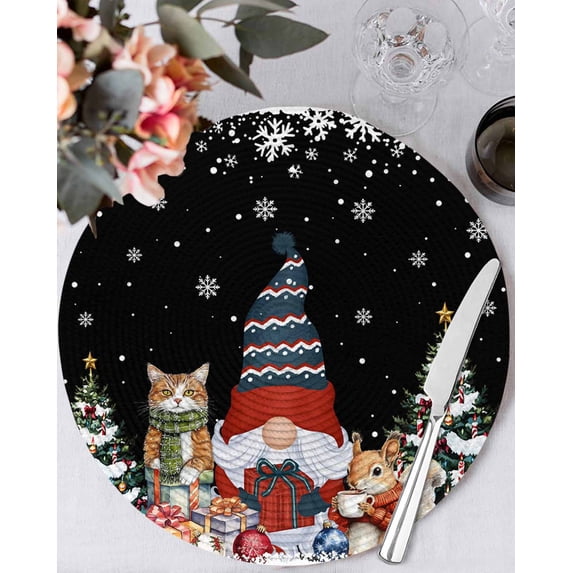 15 Inch Round Placemats Set of 6, Black Christmas Non Slip Heat Insulation PP Table Mats, Winter Gnomes Cat Pine Trees Snowflakes Washable Place Mats for Kitchen Dining Party Table Decor