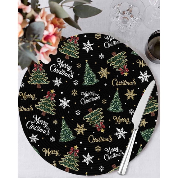 15 Inch Round Placemats Set of 6, Black Christmas Non Slip Heat Insulation PP Table Mats, Winter Green Pine Tree Gold Snowflake Washable Place Mats for Kitchen Dining Party Table Decor