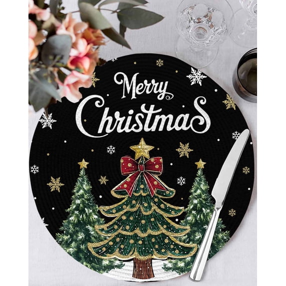15 Inch Round Placemats Set of 6, Black Christmas Tree Non Slip Heat Insulation PP Table Mats, Snowflake Tree Xmas Washable Place Mats for Kitchen Dining Party Table Decor