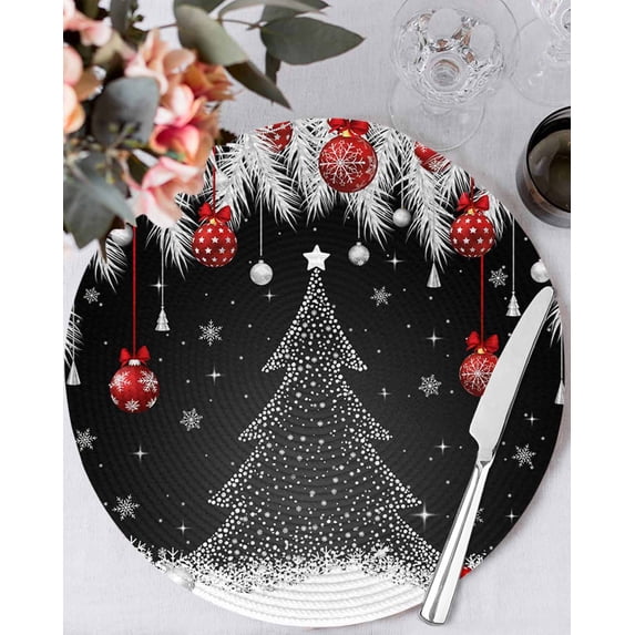 15 Inch Round Placemats Set of 6, Black Christmas Tree Non Slip Heat Insulation PP Table Mats, Xmas Balls Pine Needles Snowflake Washable Place Mats for Kitchen Dining Party Table Decor