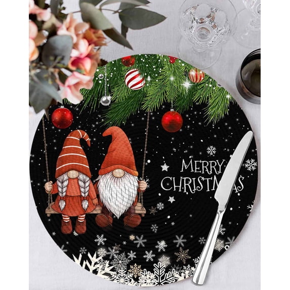 15 Inch Round Placemats Set of 6, Black Gnomes Christmas Non Slip Heat Insulation PP Table Mats, Xmas Weeping Balls Snowflake Washable Place Mats for Kitchen Dining Party Table Decor