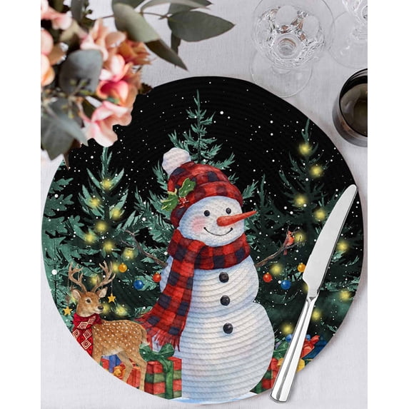 15 Inch Round Placemats Set of 6, Black Green Snowman Christmas Non Slip Heat Insulation PP Table Mats, Xmas Tree Snowflake Elk Gifts Washable Place Mats for Kitchen Dining Party Table Decor