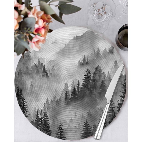 15 Inch Round Placemats Set of 6, Black Grey Mountain Non Slip Heat Insulation PP Table Mats, Misty Forest Nature Woodland Pine Tree Landscape Washable Place Mats for Kitchen Dining Party Table Decor