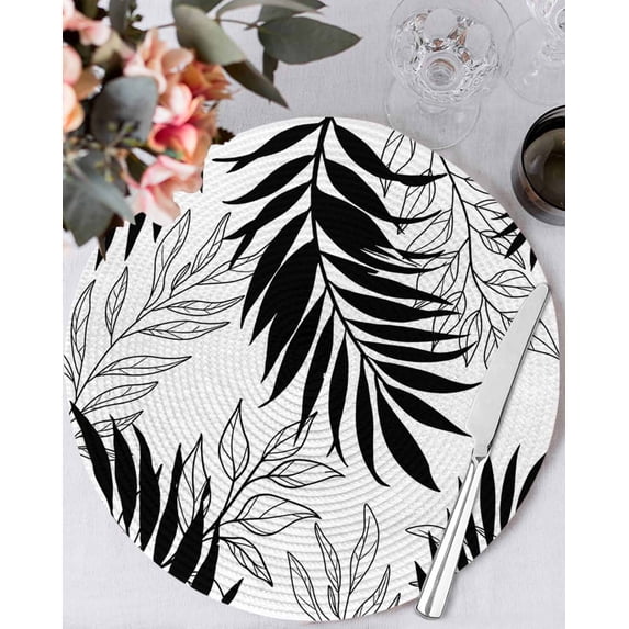 15 Inch Round Placemats Set of 6, Black Leaves Non Slip Heat Insulation PP Table Mats, Abstract Modern Geometric Lines Simple Art Washable Place Mats for Kitchen Dining Party Table Decor