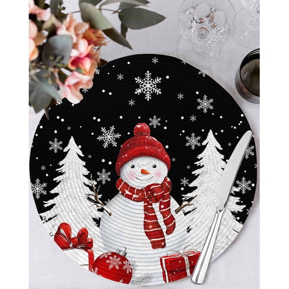 15 Inch Round Placemats Set of 6, Black Plaid Christmas Non Slip Heat Insulation PP Table Mats, Snowman Gifts Xmas Tree Winter Snowflake Washable Place Mats for Kitchen Dining Party Table Decor