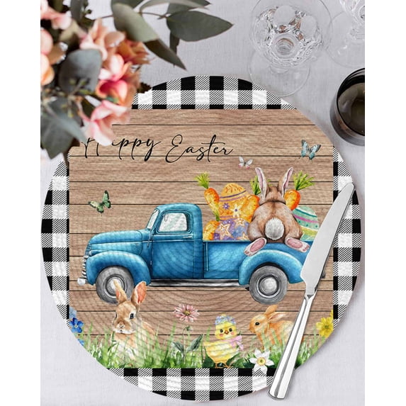 15 Inch Round Placemats Set of 6, Black Plaid Easter Non Slip Heat Insulation PP Table Mats, Truck Spring Floral Bunny Animals Wooden Washable Place Mats for Kitchen Dining Party Table Decor