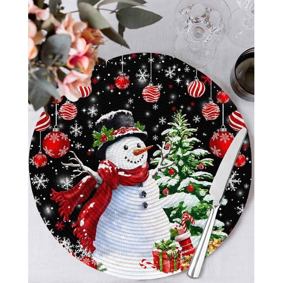 15 Inch Round Placemats Set of 6, Black Red Christmas Non Slip Heat Insulation PP Table Mats, Snowman Xmas Tree Ball Gifts Winter Washable Place Mats for Kitchen Dining Party Table Decor