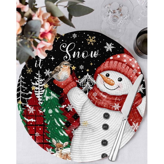 15 Inch Round Placemats Set of 6, Black Snowman Christmas Non Slip Heat Insulation PP Table Mats, Snowflake Xmas Tree Winter Elk Washable Place Mats for Kitchen Dining Party Table Decor
