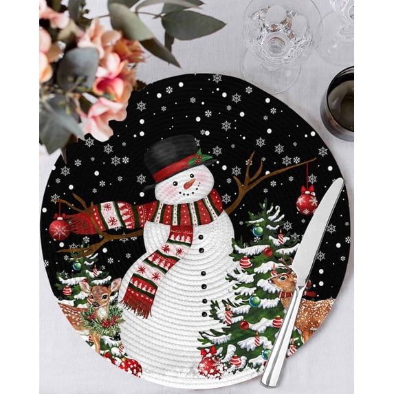 15 Inch Round Placemats Set of 6, Black Snowman Christmas Non Slip Heat Insulation PP Table Mats, Xmas Tree Ball Snowflake Elk Washable Place Mats for Kitchen Dining Party Table Decor
