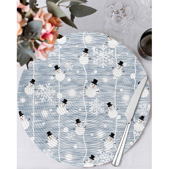 15 Inch Round Placemats Set of 6, Blue Christmas Non Slip Heat Insulation PP Table Mats, Xmas Snowflake Snowman Washable Place Mats for Kitchen Dining Party Table Decor