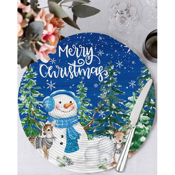 15 Inch Round Placemats Set of 6, Blue Christmas Non Slip Heat Insulation PP Table Mats, Xmas Snowman Pine Trees Elk Snowflake Washable Place Mats for Kitchen Dining Party Table Decor