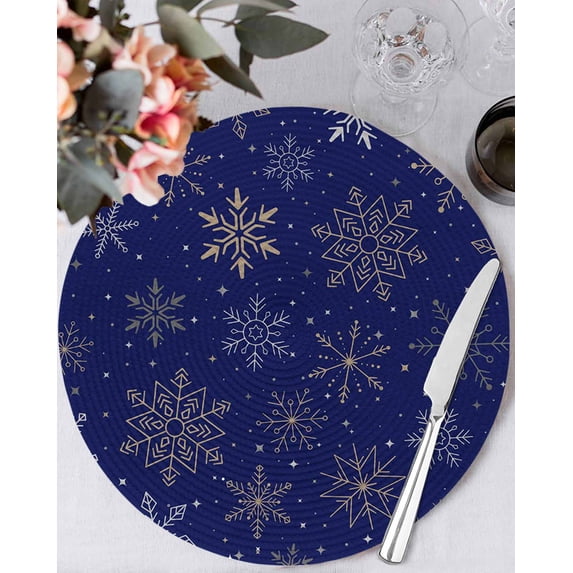 15 Inch Round Placemats Set of 6, Blue Christmas Snowflakes Non Slip Heat Insulation PP Table Mats, Modern Xmas Winter Minimalist Washable Place Mats for Kitchen Dining Party Table Decor
