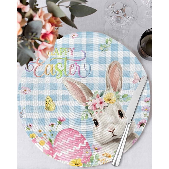 15 Inch Round Placemats Set of 6, Blue Easter Non Slip Heat Insulation PP Table Mats, Spring Easter Bunny Eggs Floral Buffalo Plaid Washable Place Mats for Kitchen Dining Party Table Decor