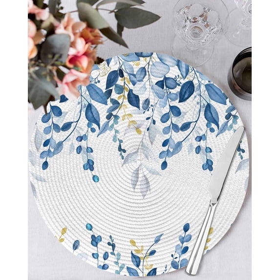 15 Inch Round Placemats Set of 6, Blue Eucalyptus Non Slip Heat Insulation PP Table Mats, Watercolor Spring Weeping Botanical Washable Place Mats for Kitchen Dining Party Table Decor