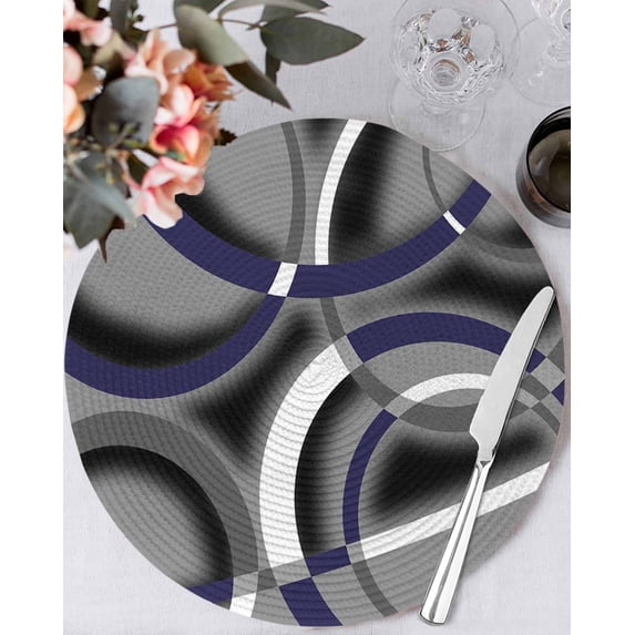 15 Inch Round Placemats Set of 6, Blue Geometric Non Slip Heat Insulation PP Table Mats, Grey Vintage Neutral Abstract Striped Art Washable Place Mats for Kitchen Dining Party Table Decor