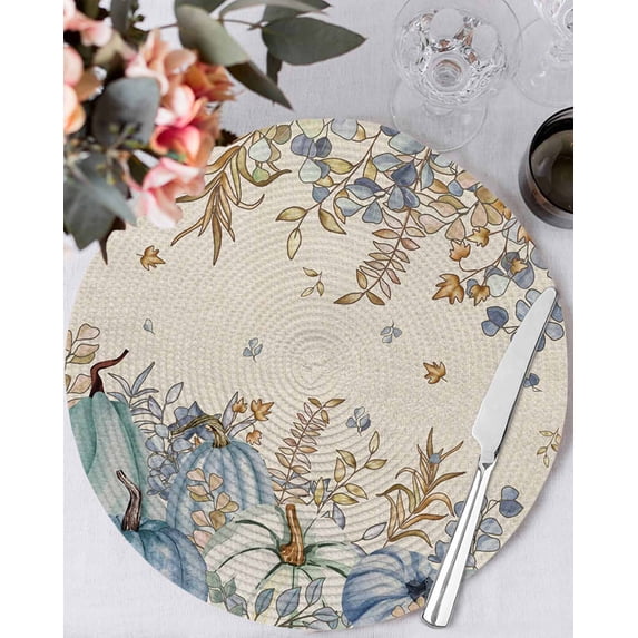 15 Inch Round Placemats Set of 6, Blue Teal Fall Non Slip Heat Insulation PP Table Mats, Thanksgiving Pumpkins Rustic Botanical Washable Place Mats for Kitchen Dining Party Table Decor