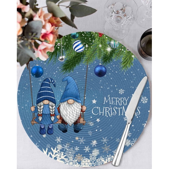 15 Inch Round Placemats Set of 6, Blue Teal Gnomes Christmas Non Slip Heat Insulation PP Table Mats, Xmas Weeping Balls Snowflake Washable Place Mats for Kitchen Dining Party Table Decor