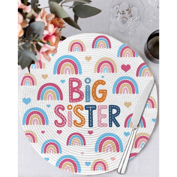15 Inch Round Placemats Set of 6, Boho Colorful Rainbow Non Slip Heat Insulation PP Table Mats, Cartons Rainbows BIG SISTER Text Washable Place Mats for Kitchen Dining Party Table Decor