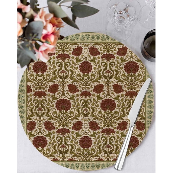 15 Inch Round Placemats Set of 6, Boho Floral Non Slip Heat Insulation PP Table Mats, Modern Geometric Ethnic Abstract Flowers Red Green Washable Place Mats for Kitchen Dining Party Table Decor