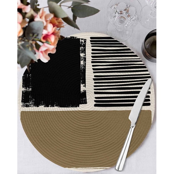 15 Inch Round Placemats Set of 6, Brown Black Non Slip Heat Insulation PP Table Mats, Farmhouse Striped Modern Abstract Art Washable Place Mats for Kitchen Dining Party Table Decor