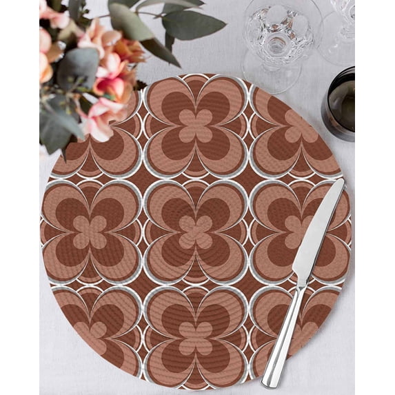 15 Inch Round Placemats Set of 6, Brown Boho Non Slip Heat Insulation PP Table Mats, Retro Farmhouse Abstract Floral Motifs Washable Place Mats for Kitchen Dining Party Table Decor