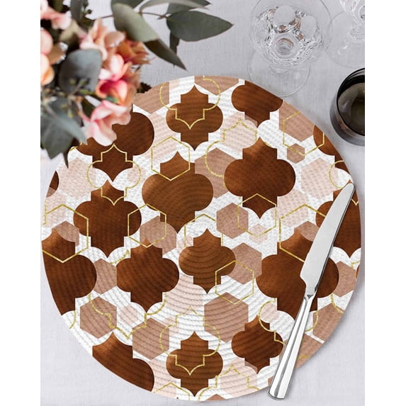 15 Inch Round Placemats Set of 6, Brown Geometric Moroccan Non Slip Heat Insulation PP Table Mats, Abstract Art Coffee Ombre Modern Washable Place Mats for Kitchen Dining Party Table Decor
