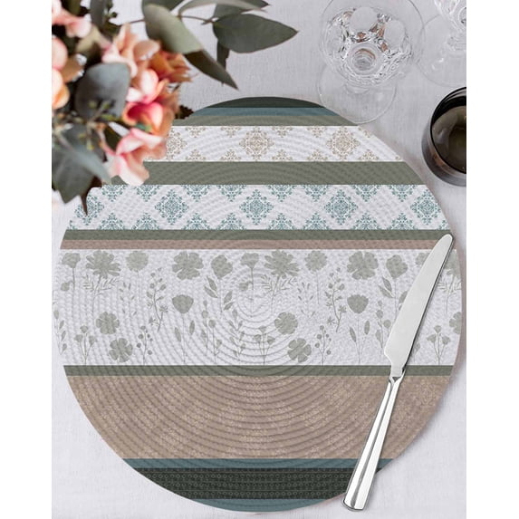 15 Inch Round Placemats Set of 6, Brown Geometric Non Slip Heat Insulation PP Table Mats, Stripes Boho Spring Flowers Pastoral Country Washable Place Mats for Kitchen Dining Party Table Decor
