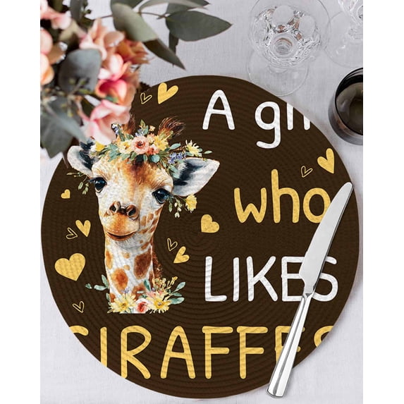 15 Inch Round Placemats Set of 6, Brown Giraffe Non Slip Heat Insulation PP Table Mats, Love Heart Spring Floral Botanical Washable Place Mats for Kitchen Dining Party Table Decor