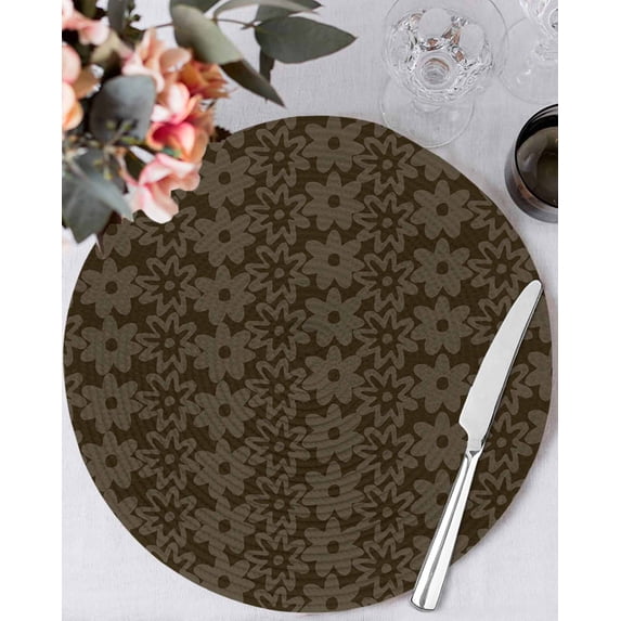 15 Inch Round Placemats Set of 6, Brown Golden Floral Non Slip Heat Insulation PP Table Mats, Modern Abstract Art Spring Flowers Washable Place Mats for Kitchen Dining Party Table Decor