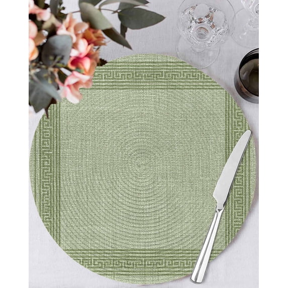 15 Inch Round Placemats Set of 6, Cameo Green Retro Greek Key Non Slip Heat Insulation PP Table Mats, Geometric Greece Ancient Rustic Washable Place Mats for Kitchen Dining Party Table Decor