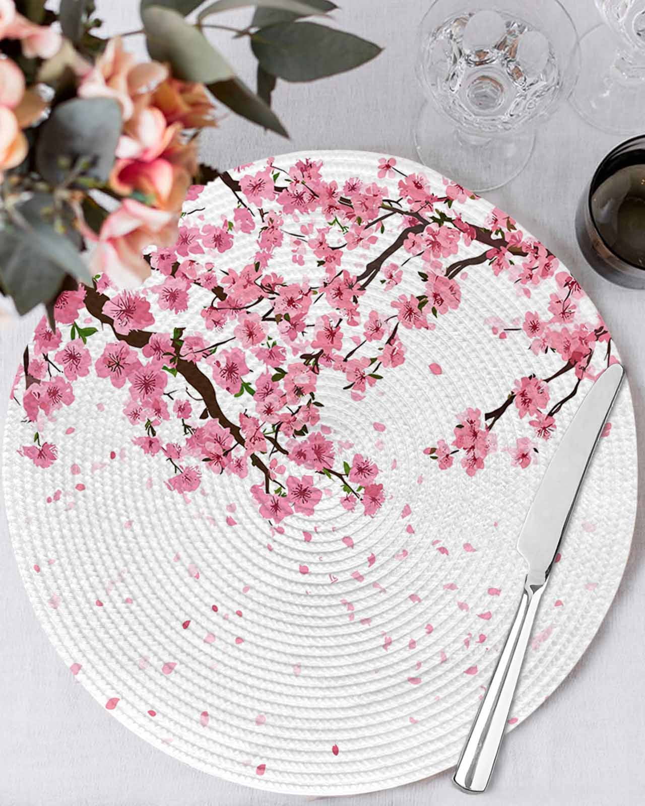 15 Inch Round Placemats Set of 6, Cherry Flower Non Slip Heat ...