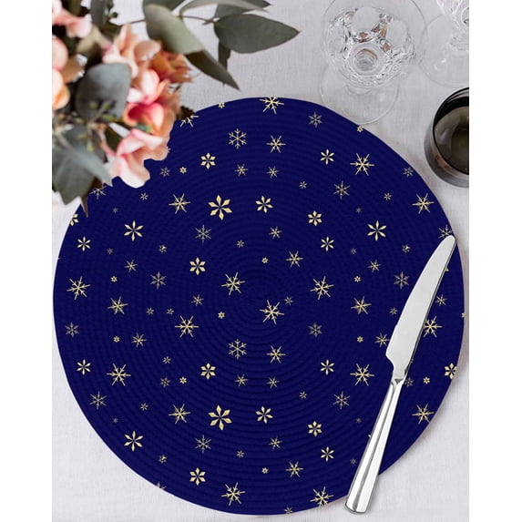15 Inch Round Placemats Set of 6, Christmas Blue Non Slip Heat Insulation PP Table Mats, Winter Snowflakes Xmas Retro Washable Place Mats for Kitchen Dining Party Table Decor