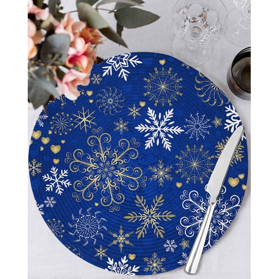 15 Inch Round Placemats Set of 6, Christmas Blue Non Slip Heat Insulation PP Table Mats, Xmas Winter Snowflakes New Year Holiday Washable Place Mats for Kitchen Dining Party Table Decor
