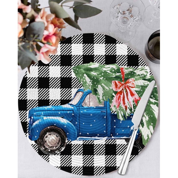 15 Inch Round Placemats Set of 6, Christmas Blue Truck Non Slip Heat Insulation PP Table Mats, Xmas Tree Bow Rustic White Black Checkered Washable Place Mats for Kitchen Dining Party Table Decor