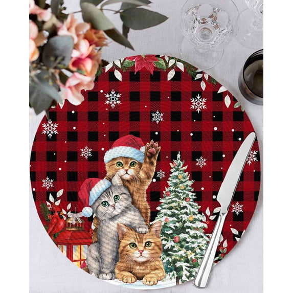 15 Inch Round Placemats Set of 6, Christmas Cats Non Slip Heat Insulation PP Table Mats, Xmas Tree Poinsettia Botanical Red Buffalo Plaid Washable Place Mats for Kitchen Dining Party Table Decor
