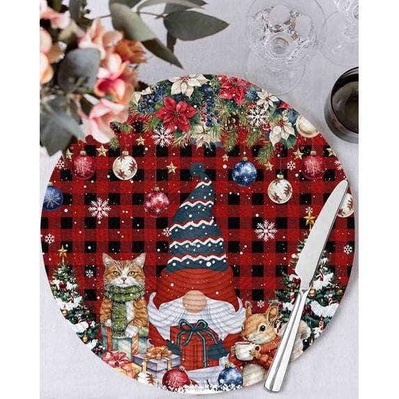 15 Inch Round Placemats Set of 6, Christmas Non Slip Heat Insulation PP Table Mats, Gnomes Poinsettia Pine Tree Red Black Plaid Washable Place Mats for Kitchen Dining Party Table Decor