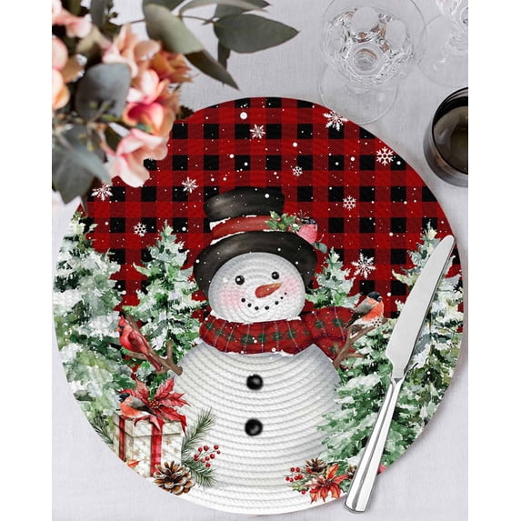 15 Inch Round Placemats Set of 6, Christmas Non Slip Heat Insulation PP Table Mats, Snowman Snowflake Trees Watercolor Birds Red Plaid Washable Place Mats for Kitchen Dining Party Table Decor