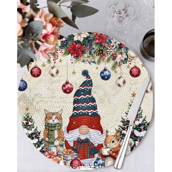 15 Inch Round Placemats Set of 6, Christmas Non Slip Heat Insulation PP Table Mats, Winter Gnomes Poinsettia Snowflakes Pine Tree Washable Place Mats for Kitchen Dining Party Table Decor
