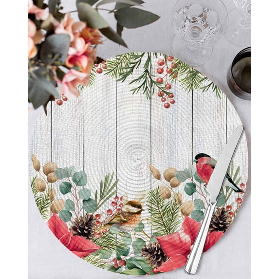15 Inch Round Placemats Set of 6, Christmas Non Slip Heat Insulation PP Table Mats, Winter Poinsettia Berry Farmhouse Wooden Grain Washable Place Mats for Kitchen Dining Party Table Decor