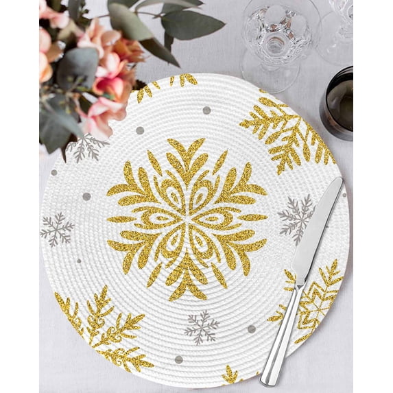 15 Inch Round Placemats Set of 6, Christmas Non Slip Heat Insulation PP Table Mats, Winter Xmas Yellow Snowflakes Textured Washable Place Mats for Kitchen Dining Party Table Decor
