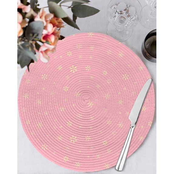 15 Inch Round Placemats Set of 6, Christmas Pink Non Slip Heat Insulation PP Table Mats, Winter Snowflakes Xmas Retro Washable Place Mats for Kitchen Dining Party Table Decor